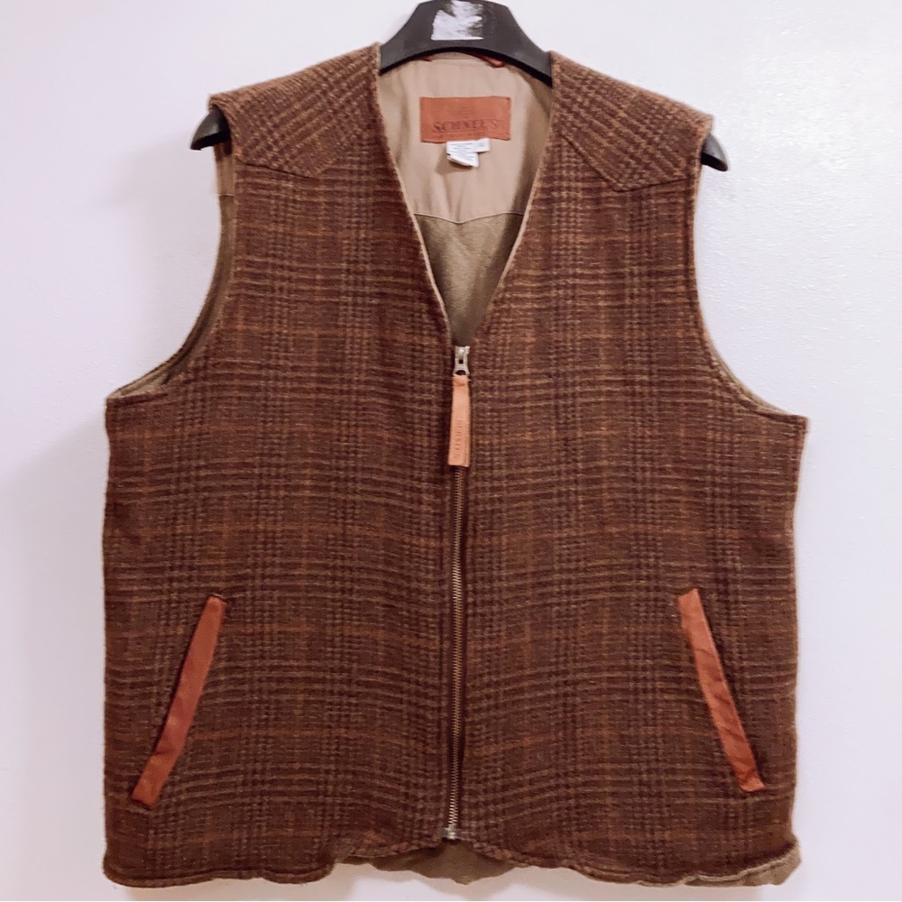 Schnee's Bozeman Montana Lovely 100% Wool & Leather Tweed Quilted Warm Vest XL
